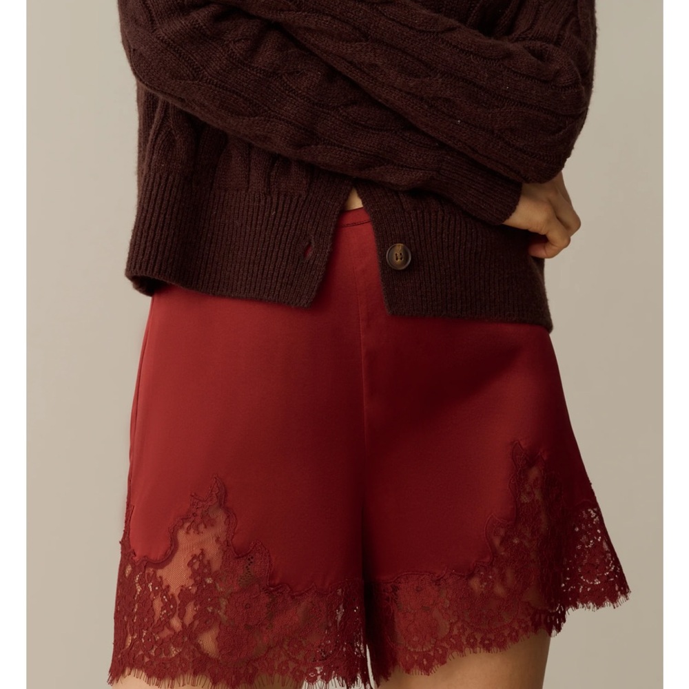 Sorella Rose Silk Lace Trim High Waist Burgundy Shorts - Picture 4 of 8